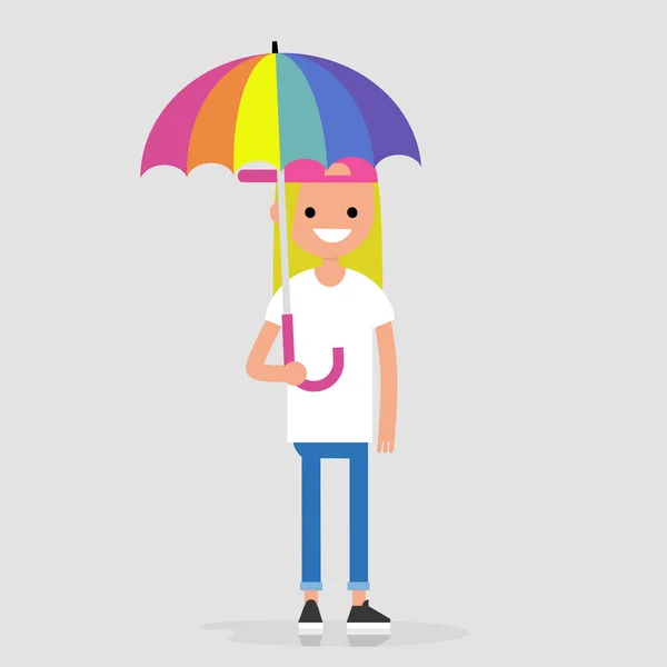 Lgbtq Lgbt Lifestyle Young Character Holding Rainbow Umbrella Protection Cover — Stock Vector