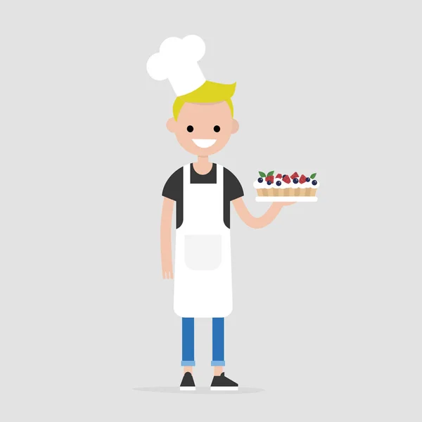 Jonge Vrolijke Chef Houden Een Berry Cake Bakkerij Dessert Restaurant — Stockvector