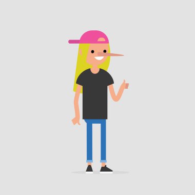 Liar. Young character with a long nose. Cheater. Concept. Flat editable vector illustration, clip art clipart