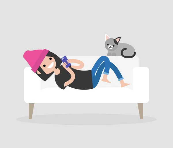 Millennial Character Lying Sofa Checking Smartphone Social Networks Apps Flat — Stock Vector