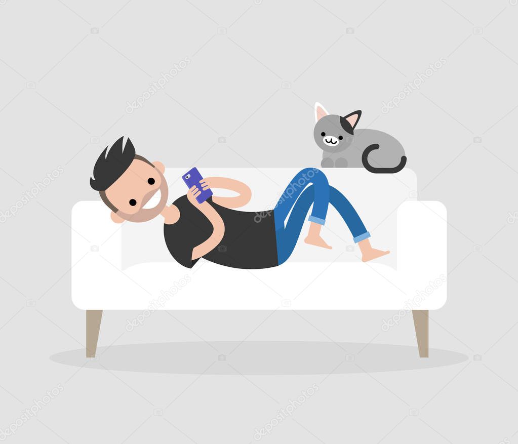 Millennial character lying on a sofa and checking the smartphone. Social networks and apps. Flat editable vector illustration, clip art. Modern lifestyle. Communication technologies.