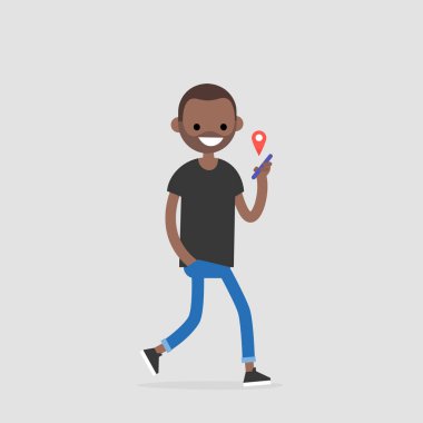 Gezinti app. kentsel yaşam tarzı. Yeni teknolojiler. Genç siyah erkek karakter kırmızı coğrafi konumu iğne ile bir akıllı telefon tutarak. Düz düzenlenebilir vektör çizim, küçük resim