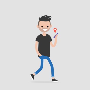 Gezinti app. kentsel yaşam tarzı. Yeni teknolojiler. Genç erkek karakter kırmızı coğrafi konumu iğne ile bir akıllı telefon tutarak. Düz düzenlenebilir vektör çizim, küçük resim