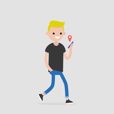 Gezinti app. kentsel yaşam tarzı. Yeni teknolojiler. Genç erkek karakter kırmızı coğrafi konumu iğne ile bir akıllı telefon tutarak. Düz düzenlenebilir vektör çizim, küçük resim