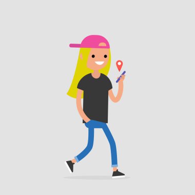 Gezinti app. kentsel yaşam tarzı. Yeni teknolojiler. Genç kadın karakter kırmızı coğrafi konumu iğne ile bir akıllı telefon tutarak. Düz düzenlenebilir vektör çizim, küçük resim