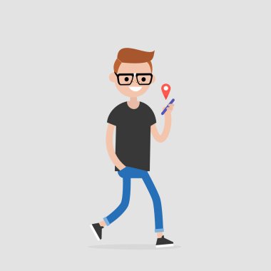 Gezinti app. kentsel yaşam tarzı. Yeni teknolojiler. Genç erkek karakter kırmızı coğrafi konumu iğne ile bir akıllı telefon tutarak. Düz düzenlenebilir vektör çizim, küçük resim