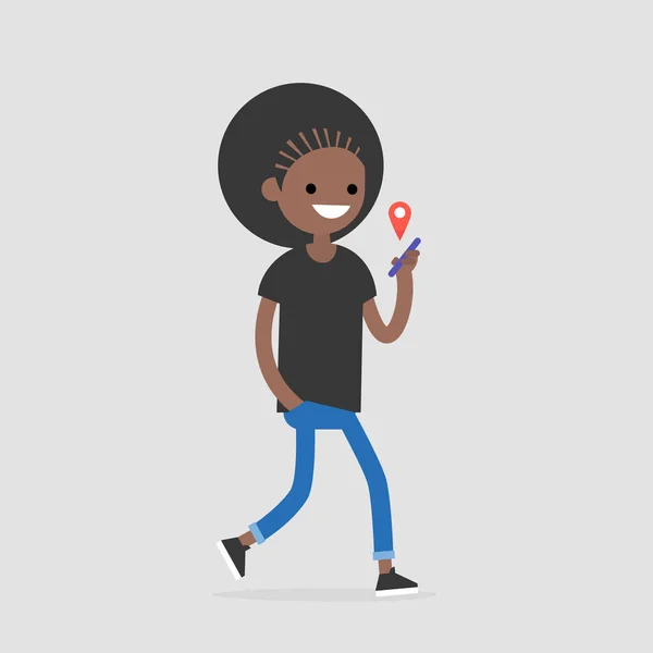 导航应用程序 城市生活方式 新技术 年轻的黑人女性字符持有一个智能手机与红色地理定位针 平面可编辑矢量插图 剪贴画 — 图库矢量图片
