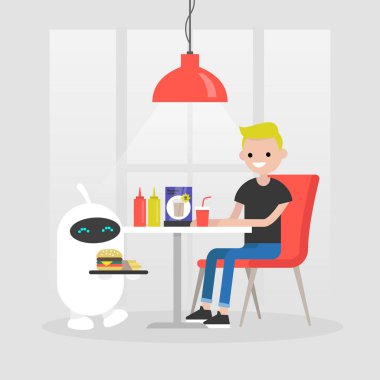 Fütüristik servis: robot taşıyan bir tepsi ile hamburger ve patates kızartması. Modern restoran. Fast food. Makine öğrenimi. Düz düzenlenebilir vektör çizim, küçük resim 