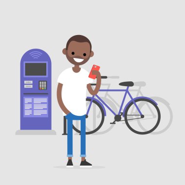 Bir mobil Bisiklet Kiralama uygulaması kullanarak genç karakter. Kentsel ulaşım sistemi. Düz düzenlenebilir vektör çizim, küçük resim. Aktif yaşam tarzı