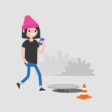 Bin yıllık kadın karakter Smartphone-e doğru bağımlısı. Nomophobia. Açık kanalizasyon kapağı. Düz düzenlenebilir vektör çizim, küçük resim