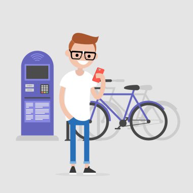 Bir mobil Bisiklet Kiralama uygulaması kullanarak genç karakter. Kentsel ulaşım sistemi. Düz düzenlenebilir vektör çizim, küçük resim. Aktif yaşam tarzı