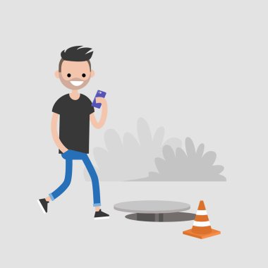 Bin yıllık karakter Smartphone-e doğru bağımlısı. Nomophobia. Açık kanalizasyon kapağı. Düz düzenlenebilir vektör çizim, küçük resim