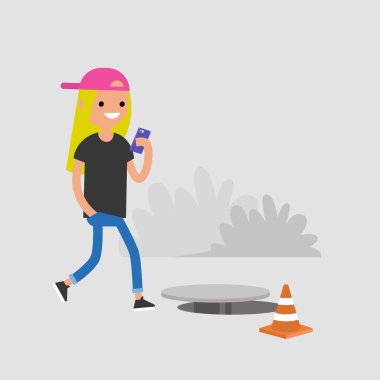 Bin yıllık kadın karakter Smartphone-e doğru bağımlısı. Nomophobia. Açık kanalizasyon kapağı. Düz düzenlenebilir vektör çizim, küçük resim