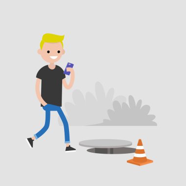 Bin yıllık karakter Smartphone-e doğru bağımlısı. Nomophobia. Açık kanalizasyon kapağı. Düz düzenlenebilir vektör çizim, küçük resim