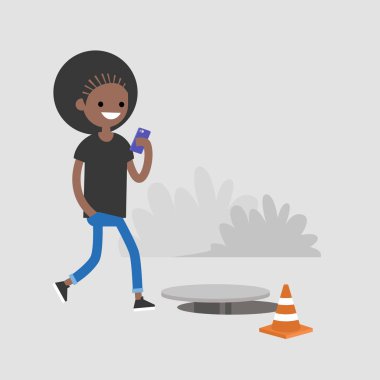 Smartphone-e doğru bağımlısı bin yıllık siyah kadın karakter. Nomophobia. Açık kanalizasyon kapağı. Düz düzenlenebilir vektör çizim, küçük resim