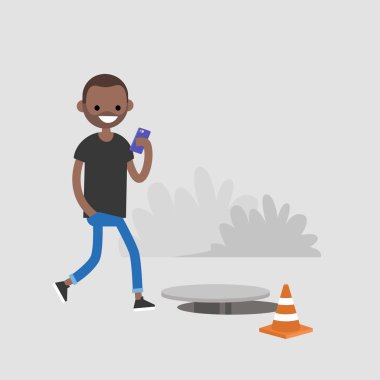 Bin yıllık karakter Smartphone-e doğru bağımlısı. Nomophobia. Açık kanalizasyon kapağı. Düz düzenlenebilir vektör çizim, küçük resim