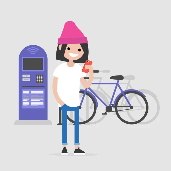 Personagem Jovem Usando Aplicativo Móvel Aluguel Bicicletas Sistema Transporte Urbano —  Vetores de Stock
