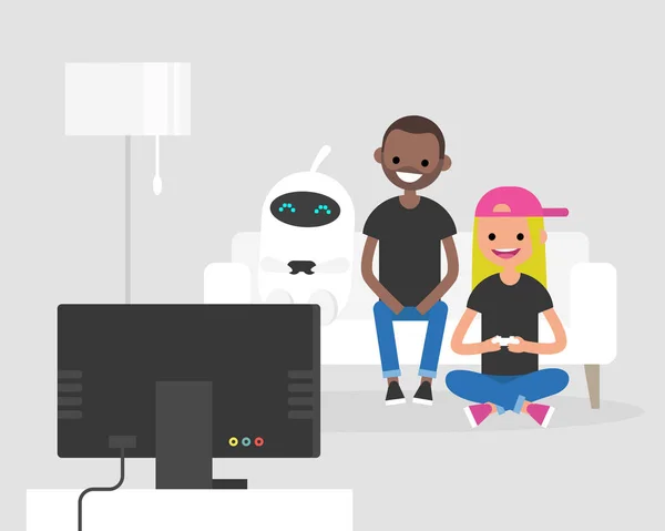 Skrattande Millennials Spelar Spel Med Robot Leisure Vänner Att Kul — Stock vektor