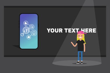 Genç kadın konuşmacı sahne alanı'nda yeni bir ürün sunmak. Sunu şablonu. Metninizi buraya. Düz düzenlenebilir vektör çizim, küçük resim