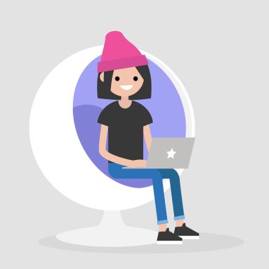 Küre sandalyede oturan ve bir dizüstü bilgisayar tutan bin yıllık kadın karakter. Ofis iç. Yöneticisi iş başında. Düz düzenlenebilir vektör çizim, küçük resim