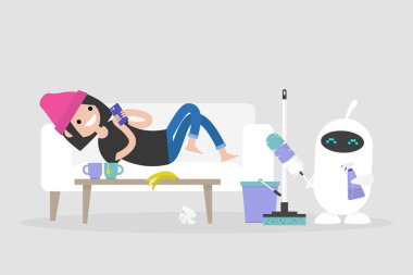 Yeni teknolojiler. Akıllı ev. Daire temizlik. Sevimli beyaz robot temizlik tutan araçları: bir tüy silgi ve bir temizlik sprey / düz düzenlenebilir vektör resim, küçük resim