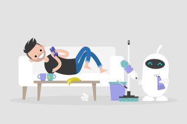 Yeni teknolojiler. Akıllı ev. Daire temizlik. Sevimli beyaz robot temizlik tutan araçları: bir tüy silgi ve bir temizlik sprey / düz düzenlenebilir vektör resim, küçük resim