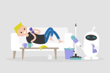 Yeni teknolojiler. Akıllı ev. Daire temizlik. Sevimli beyaz