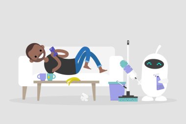 Yeni teknolojiler. Akıllı ev. Daire temizlik. Sevimli beyaz robot temizlik tutan araçları: bir tüy silgi ve bir temizlik sprey / düz düzenlenebilir vektör resim, küçük resim