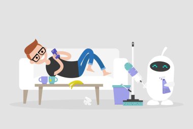 Yeni teknolojiler. Akıllı ev. Daire temizlik. Sevimli beyaz robot temizlik tutan araçları: bir tüy silgi ve bir temizlik sprey / düz düzenlenebilir vektör resim, küçük resim