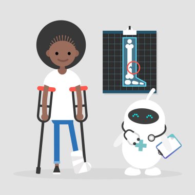 Yeni teknolojiler. Modern sağlık. Sevimli beyaz doktor robot. Engelli karakter koltuk değneği ile kırık bacak / düzenlenebilir vektör çizim vektör küçük resim