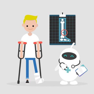 Yeni teknolojiler. Modern sağlık. Sevimli beyaz doktor robot. Engelli karakter koltuk değneği ile kırık bacak / düzenlenebilir vektör çizim vektör küçük resim