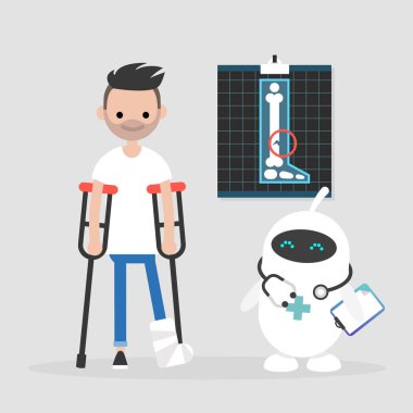 Yeni teknolojiler. Modern sağlık. Sevimli beyaz doktor robot. Engelli karakter koltuk değneği ile kırık bacak / düzenlenebilir vektör çizim vektör küçük resim