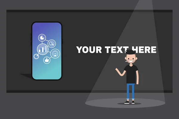 Unga Talare Presentera Produkt Scenen Presentationsmall Din Text Här Platt — Stock vektor