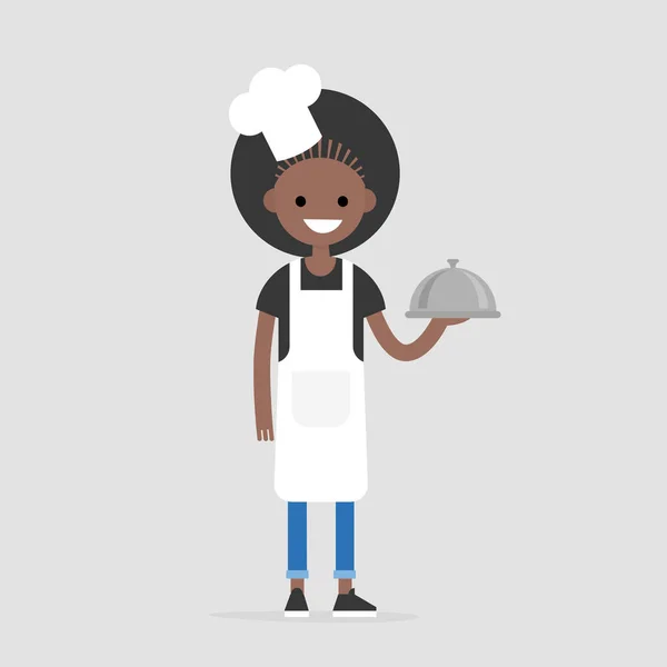 微笑的黑人女厨师手持金属索菲特克洛什 供应食物 平面可编辑矢量插图 剪贴画 — 图库矢量图片