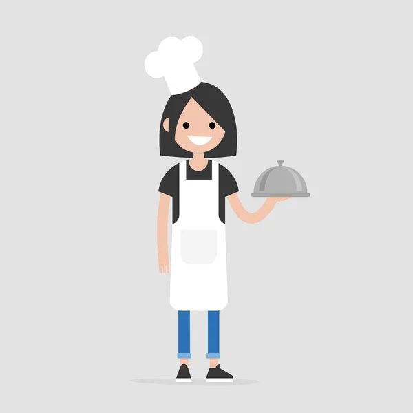 Chef Sonriente Sosteniendo Cloche Metal Sirviendo Comida Restaurante Ilustración Vectorial — Vector de stock