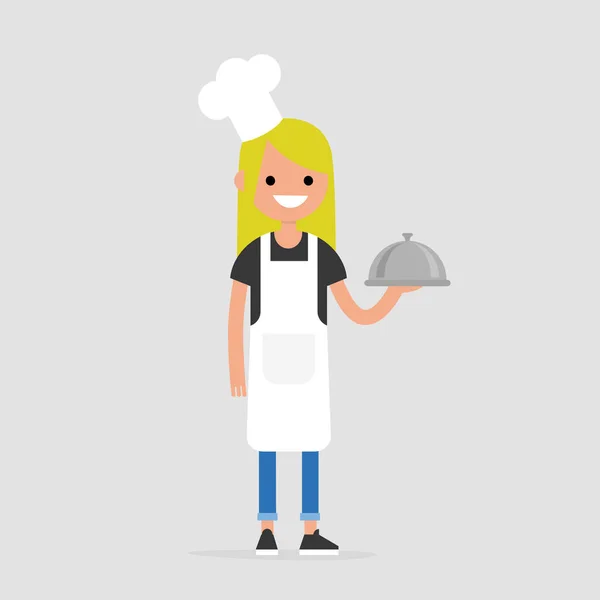 Chef Sonriente Sosteniendo Cloche Metal Sirviendo Comida Restaurante Ilustración Vectorial — Archivo Imágenes Vectoriales