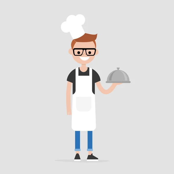 Chef Souriant Tenant Une Cloche Métal Sers Manger Restaurant Illustration — Image vectorielle