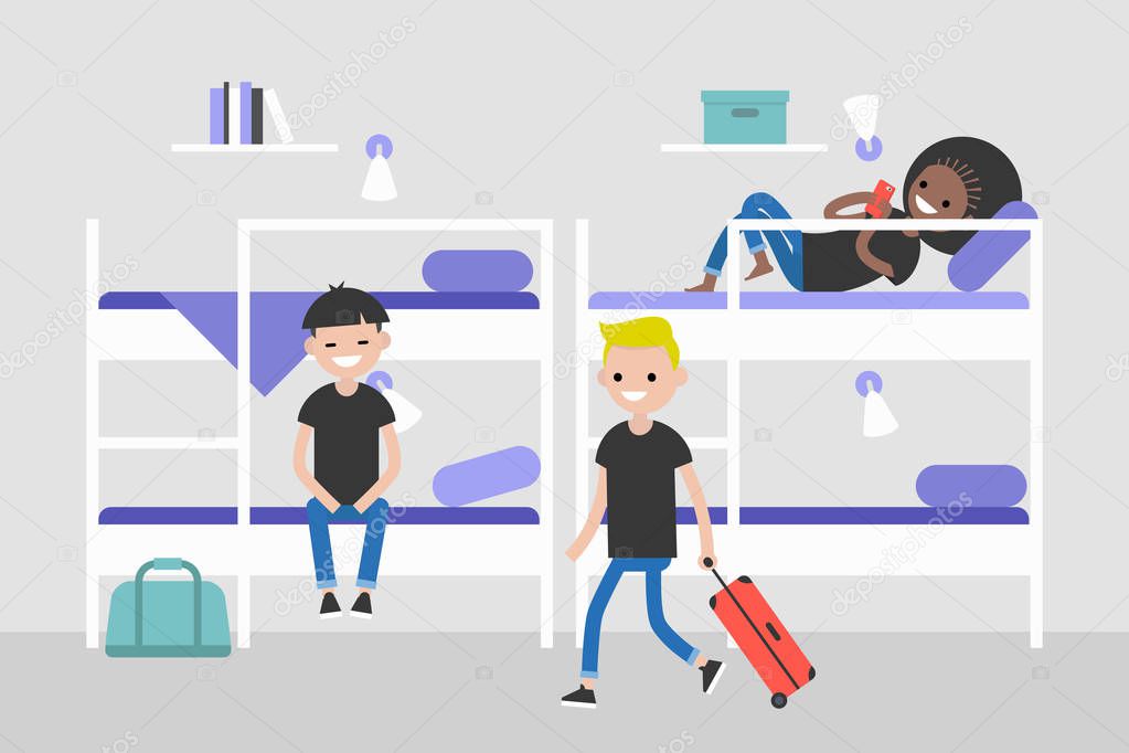 Dorm room. Hostel furniture. Young characters sitting and lying 