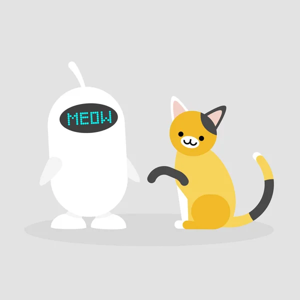 Sevimli beyaz robot bir kedi ile oynarken. Modern teknolojiler. Akıllı — Stok Vektör