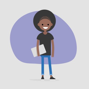 Bir dizüstü bilgisayar tutan genç Afro-Amerikan kadın karakter. Modern ofis çalışanı. Bin yıllık. Bir yaşam tarzı. Düz düzenlenebilir vektör çizim, küçük resim