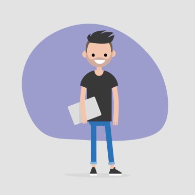 Bir dizüstü bilgisayar tutan genç erkek karakter. Modern ofis çalışanı. Bin yıllık. Bir yaşam tarzı. Düz düzenlenebilir vektör çizim, küçük resim