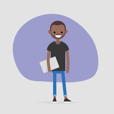 Bir dizüstü bilgisayar tutan genç Afro-Amerikan karakter. Modern ofis çalışanı. Bin yıllık. Bir yaşam tarzı. Düz düzenlenebilir vektör çizim, küçük resim