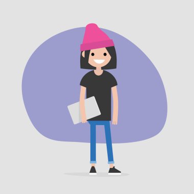 Bir dizüstü bilgisayar tutan genç beyaz kadın karakter. Modern ofis çalışanı. Bin yıllık. Bir yaşam tarzı. Düz düzenlenebilir vektör çizim, küçük resim