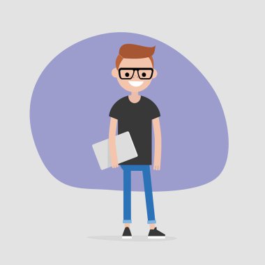 Bir dizüstü bilgisayar tutan genç erkek karakter. Modern ofis çalışanı. Bin yıllık. Bir yaşam tarzı. Düz düzenlenebilir vektör çizim, küçük resim