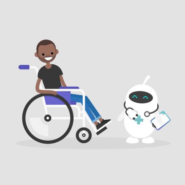 Modern sağlık. Yeni teknolojiler. Genç devre dışı karakter tekerlekli sandalyede oturuyor. Sakatlık. Sevimli beyaz doktor robot. Düz düzenlenebilir vektör çizim, küçük resim