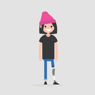 Young female character with prosthetic lower limb. Modern disabled people. Lifestyle. New technologies. Flat editable vector illustration, clip art clipart
