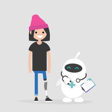 Modern sağlık. Yeni teknolojiler. Genç erkek karakteri ile protez alt ekstremite devre dışı. Bir yaşam tarzı. Sakatlık. Sevimli beyaz doktor robot.