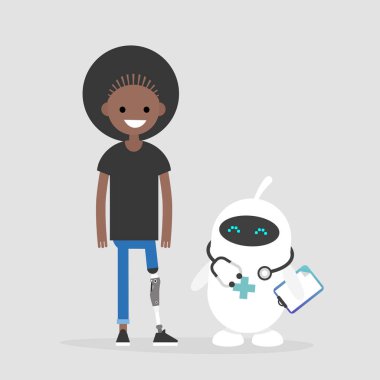 Modern sağlık. Yeni teknolojiler. Genç erkek karakteri ile protez alt ekstremite devre dışı. Bir yaşam tarzı. Sakatlık. Sevimli beyaz doktor robot.