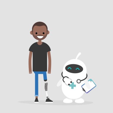 Modern sağlık. Yeni teknolojiler. Genç erkek karakteri ile protez alt ekstremite devre dışı. Bir yaşam tarzı. Sakatlık. Sevimli beyaz doktor robot.