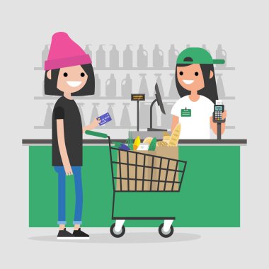 Süpermarket kayıt sayacı. Kasiyer. Bakkal. Bir istemci bir kredi kartı ile ödeme yapma. Günlük yaşam. Düz düzenlenebilir vektör çizim, küçük resim